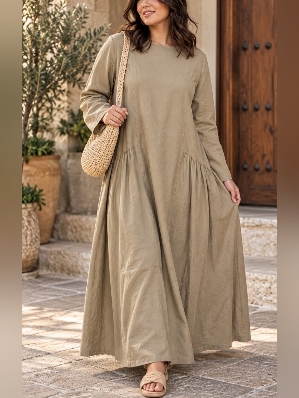 Refka Modanisa Khaki Linen Blend Long Sleeve A-Line Maxi Dress US 12 NWT
